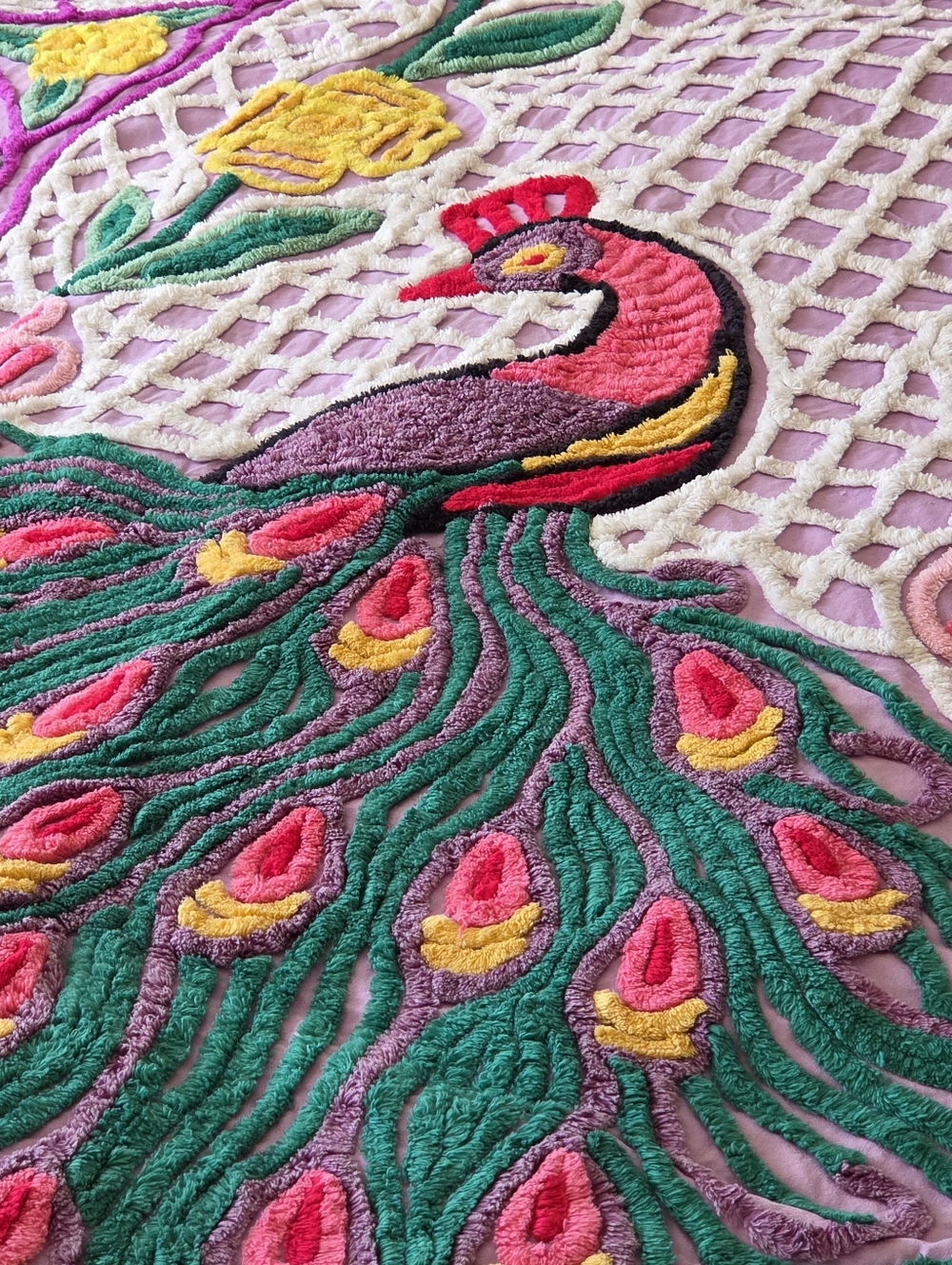 Vintage Chenille Peacock Bedspread Purple 98" x 88" Lavender